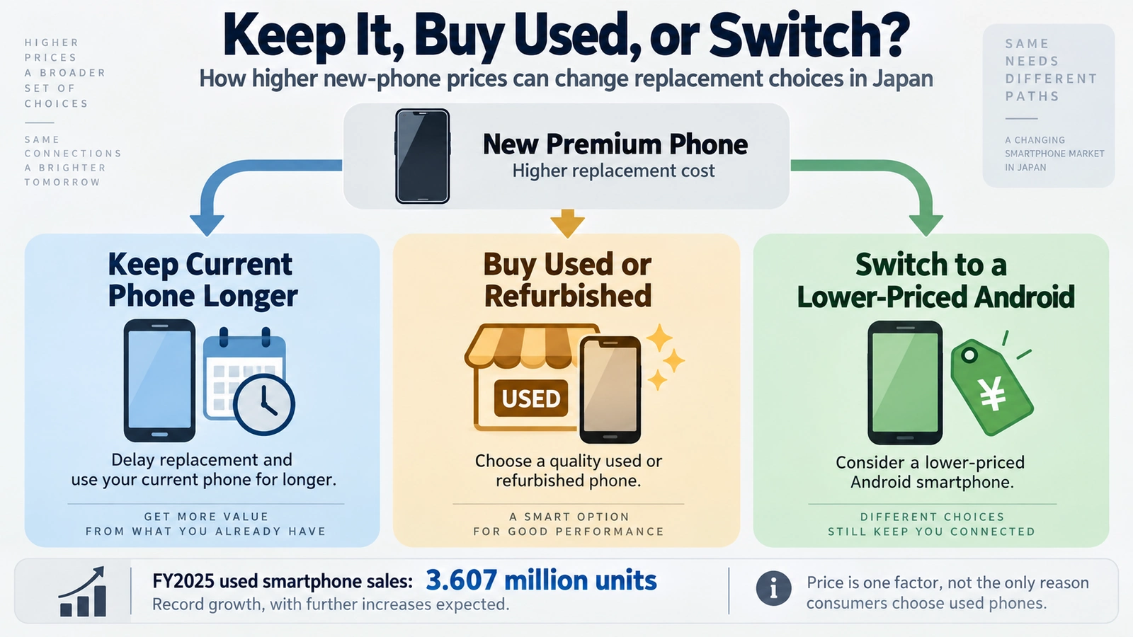Flowchart showing how higher smartphone prices can push Japanese buyers toward used phones, trade-ins, or Android alternatives