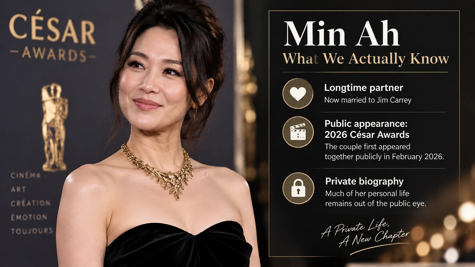 Editorial portrait of Min Ah at the 2026 César Awards with a small panel showing what is publicly known about her