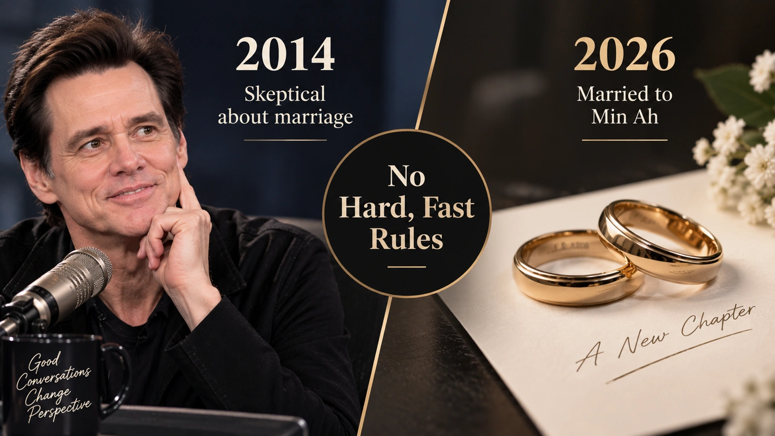Editorial comparison of Jim Carrey’s 2014 comments about marriage with his confirmed 2026 marriage to Min Ah