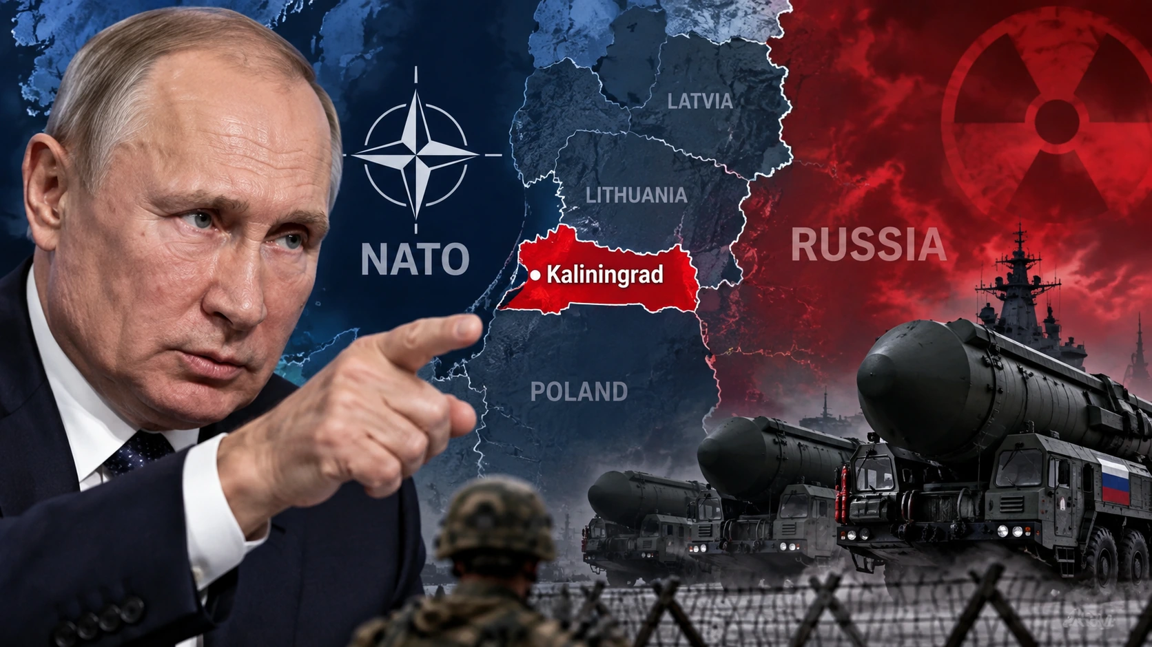 Editorial illustration of Vladimir Putin beside a map highlighting Kaliningrad, NATO markers and Russian missile forces