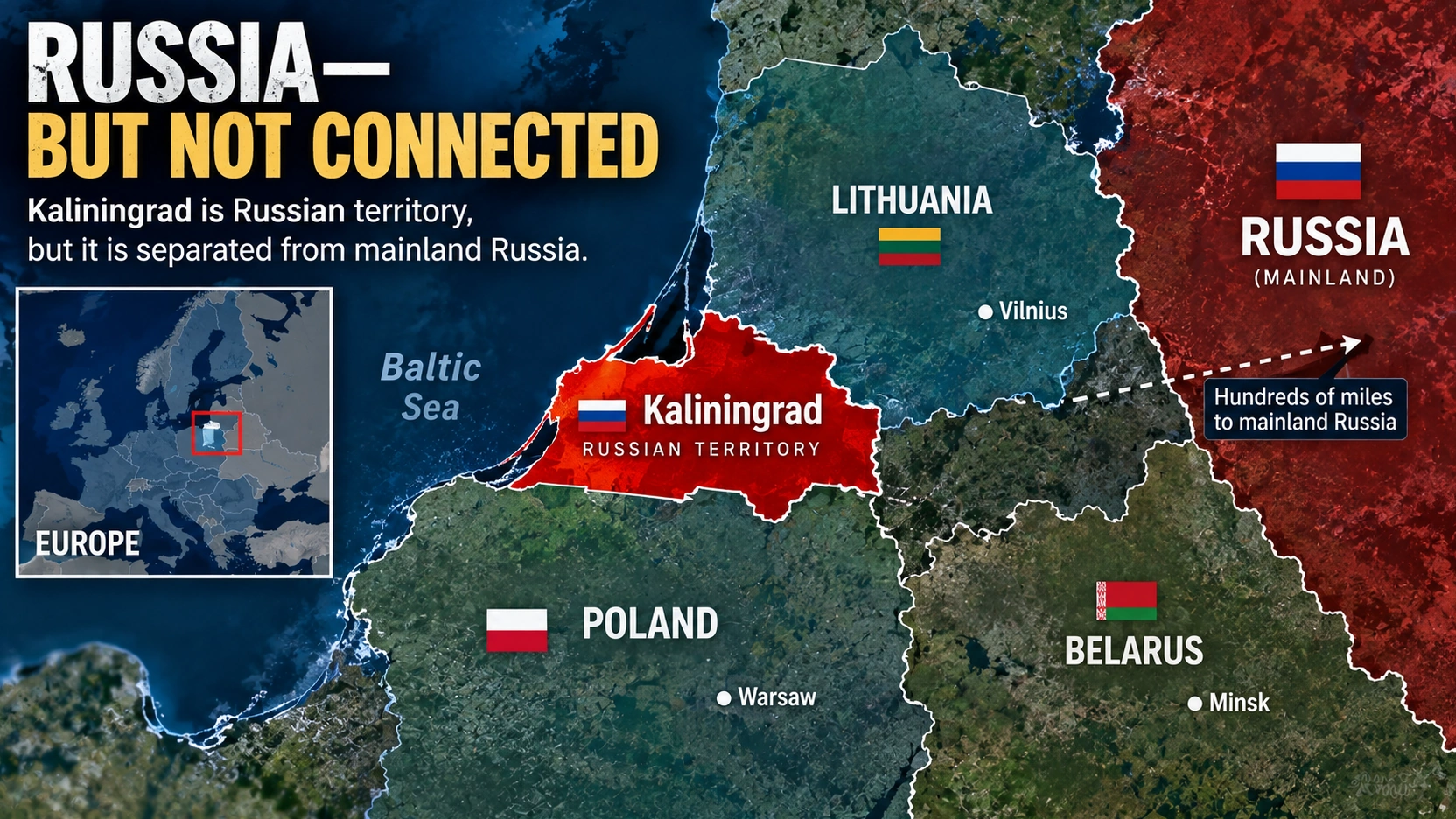 `Map showing Kaliningrad between Poland, Lithuania and the Baltic Sea with mainland Russia farther east`