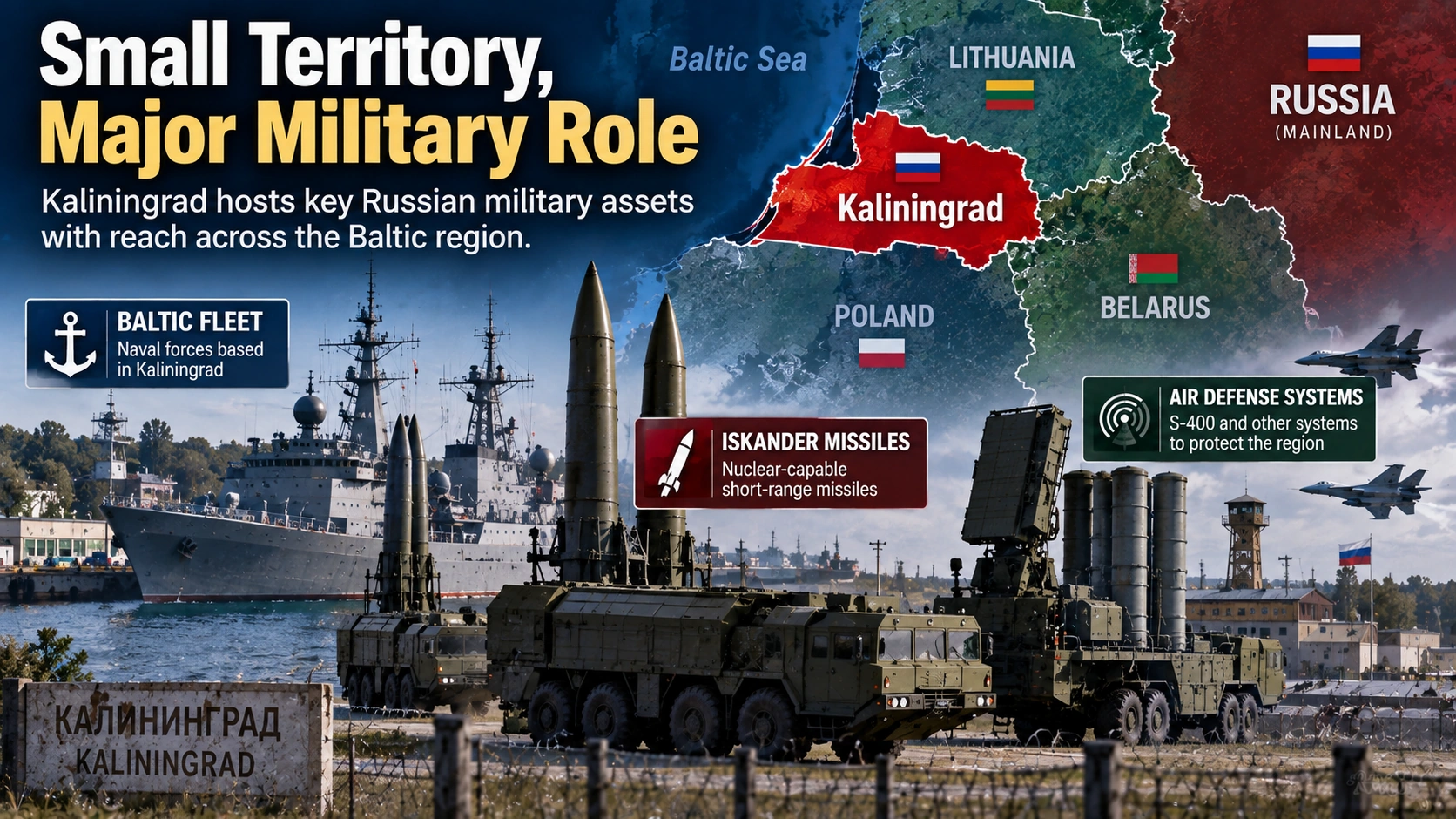 `Infographic showing the Baltic Fleet, missile systems and air defenses associated with Kaliningrad`
