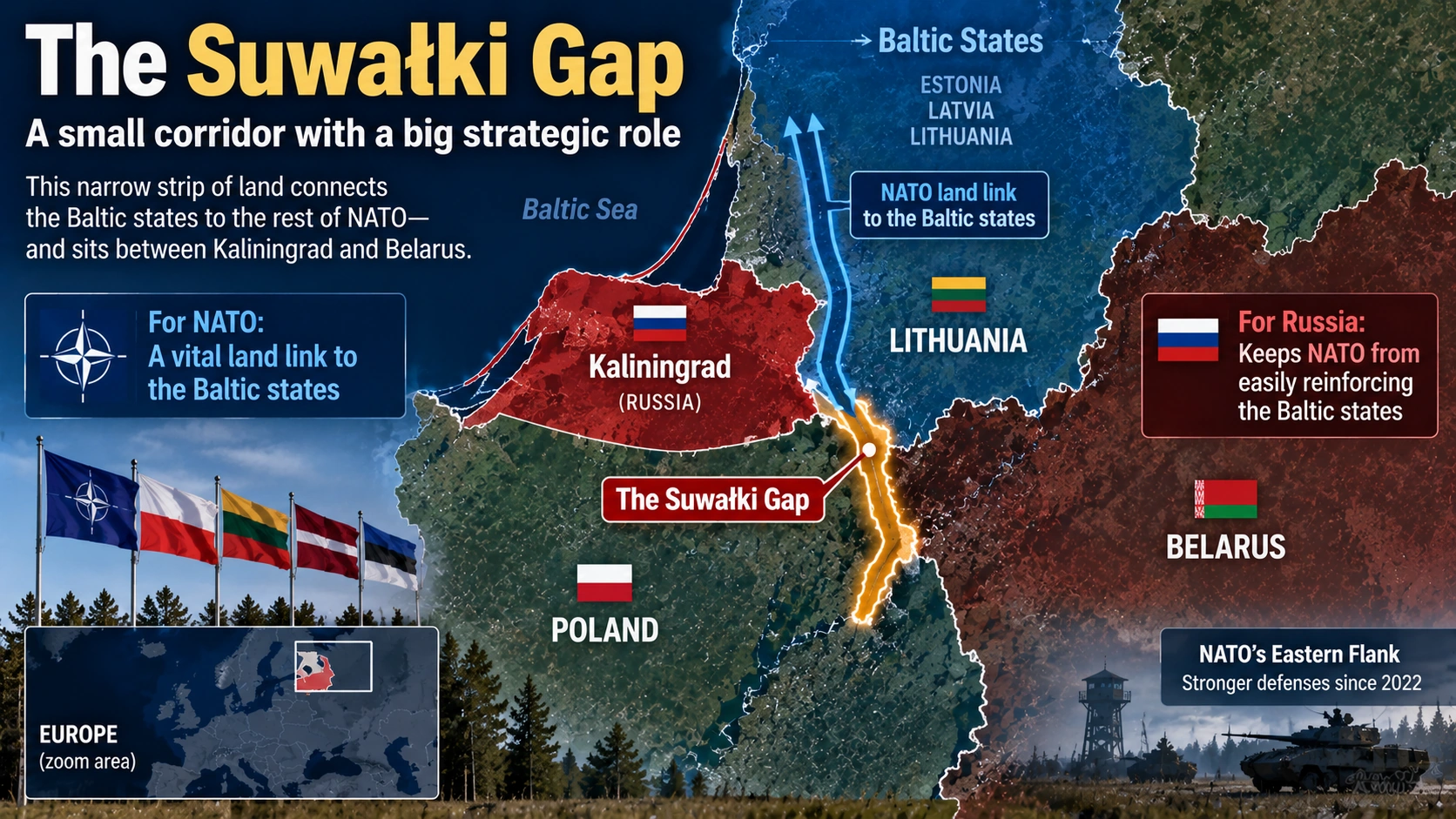 `Map explaining the Suwalki Gap between Kaliningrad and Belarus and its importance to NATO`