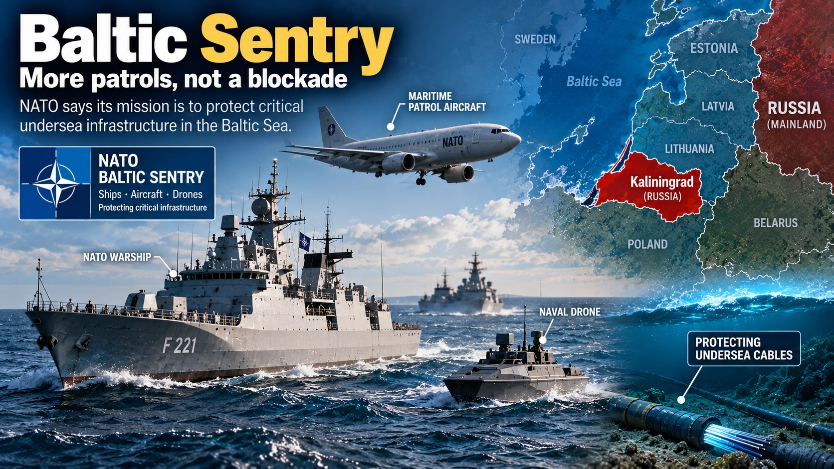 `Diagram showing NATO Baltic Sentry patrols protecting undersea infrastructure rather than a confirmed blockade of Kaliningrad`