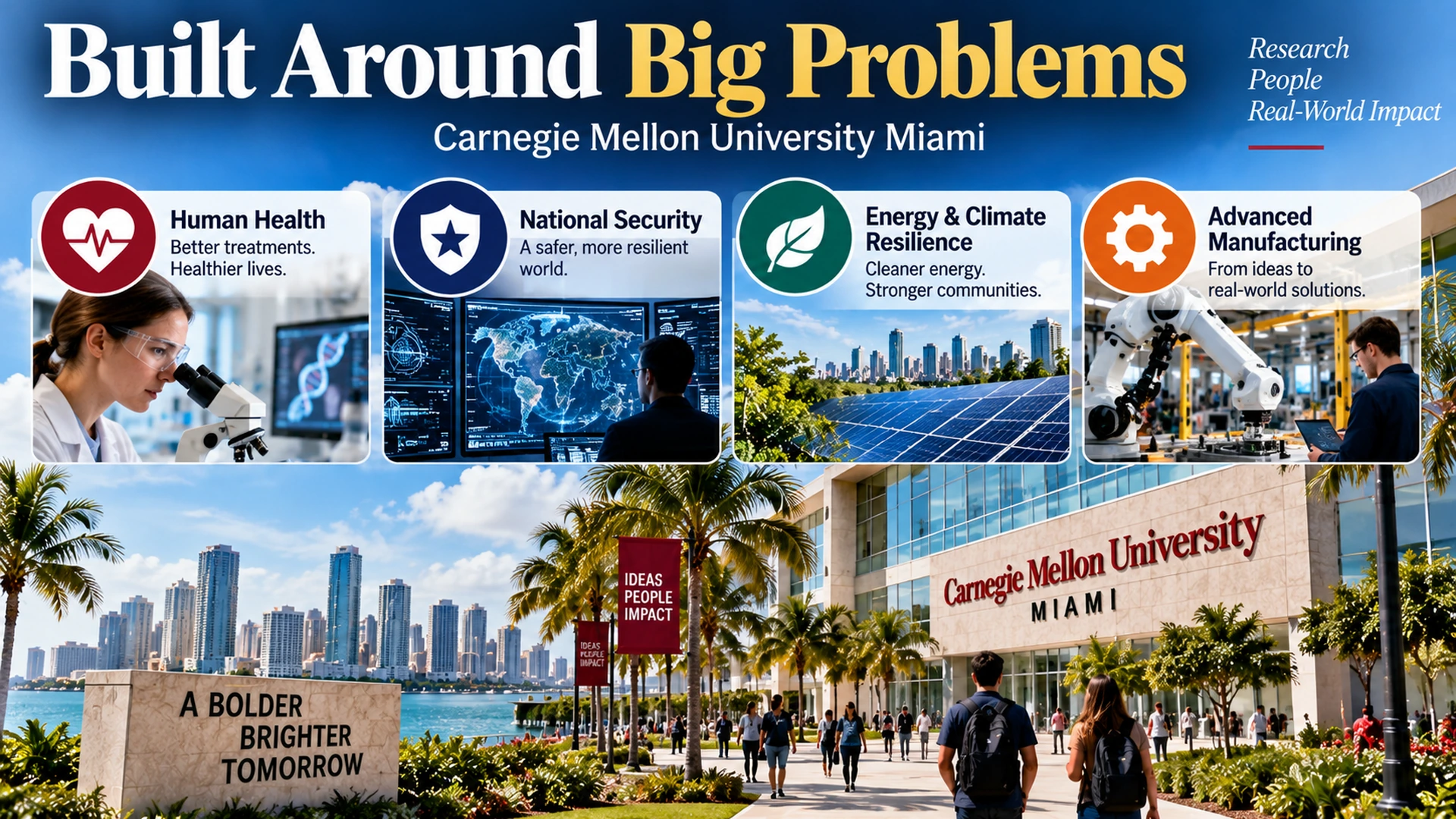 Infographic showing the four challenge areas planned for Carnegie Mellon University Miami