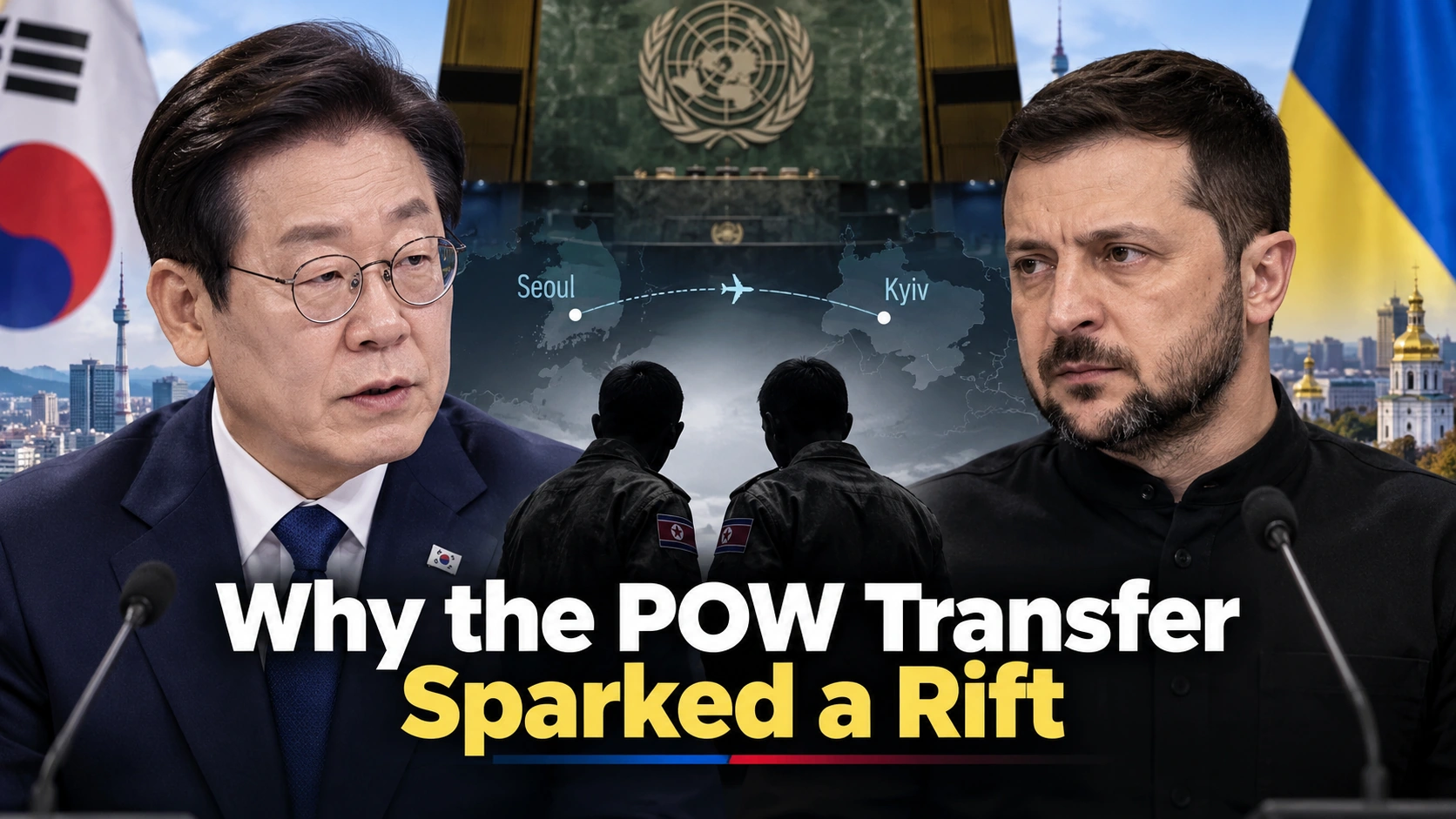 Editorial illustration of Lee Jae Myung and Volodymyr Zelenskyy facing a diplomatic dispute over two North Korean POWs