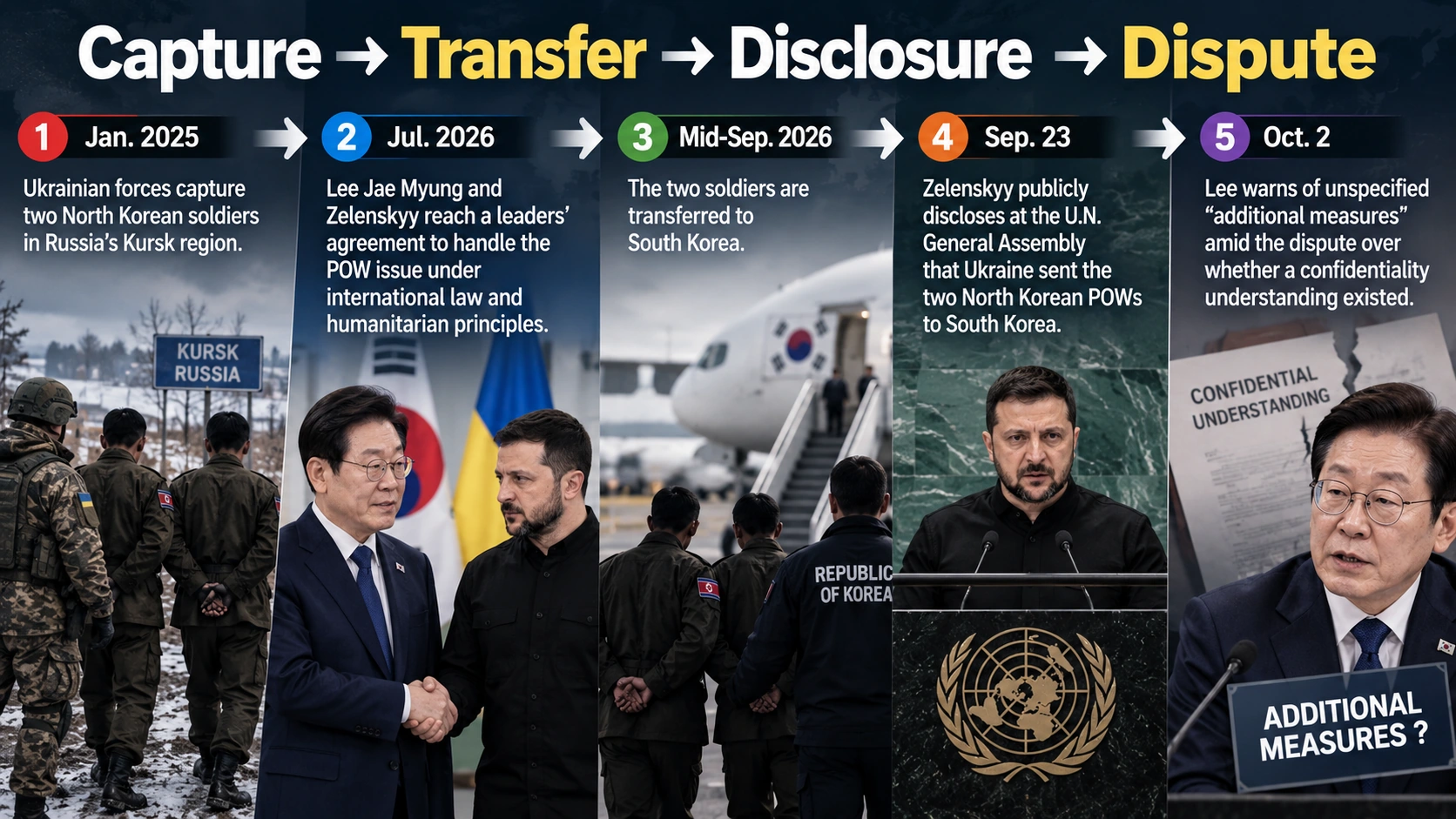 Timeline showing the capture, transfer, U.N. disclosure, and diplomatic dispute over two North Korean POWs