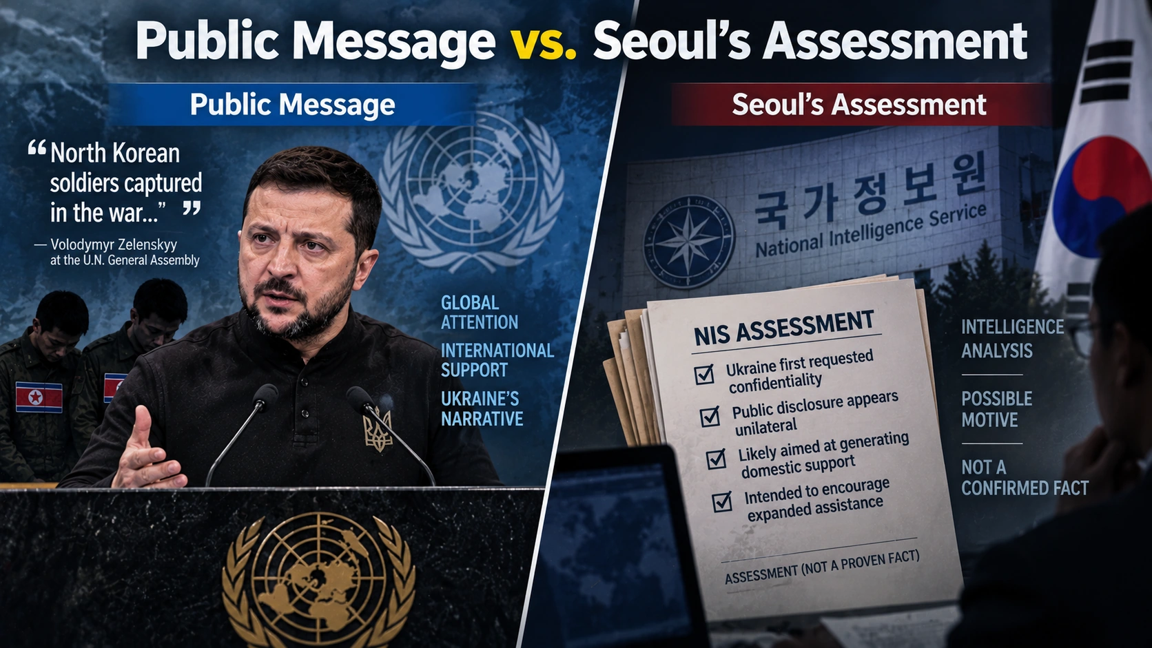 Editorial infographic separating Zelenskyy’s public U.N. message from South Korea’s intelligence assessment of why the POW transfer was disclosed