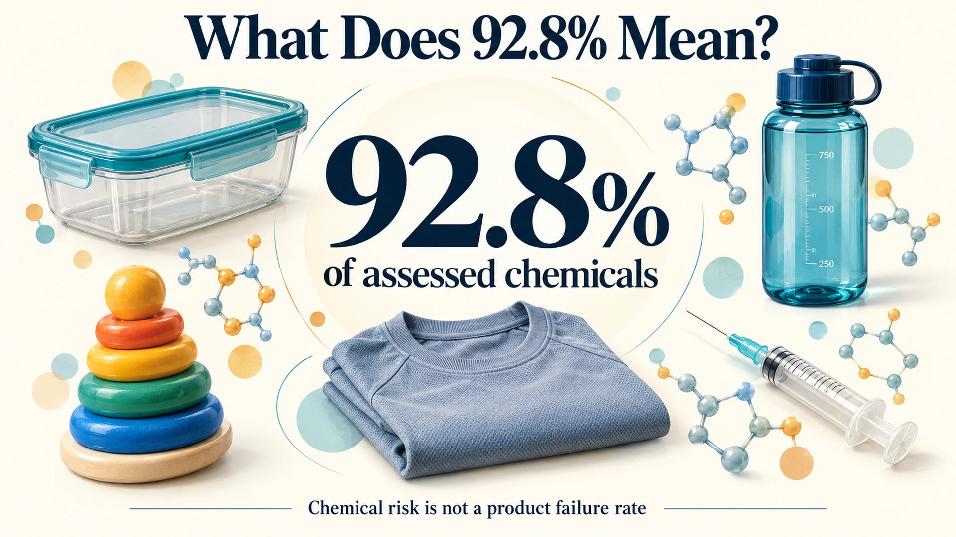 Editorial illustration showing everyday plastic products surrounding a large 92.8% figure with a label clarifying that it refers to assessed chemicals