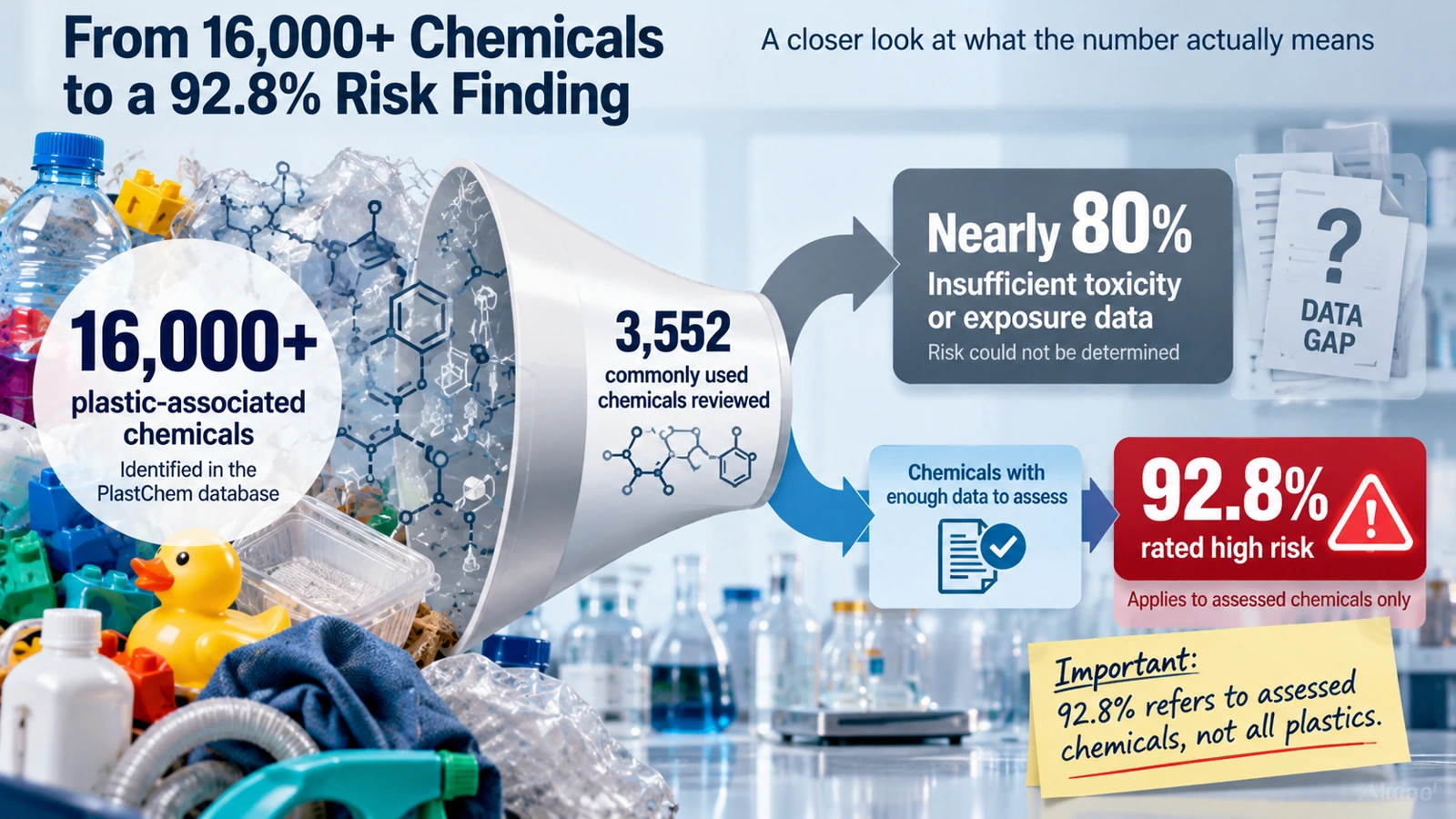 Funnel diagram showing more than 16,000 known plastic-associated chemicals narrowing to commonly used chemicals, a large data-gap group, and the assessed subset behind the 92.8% figure