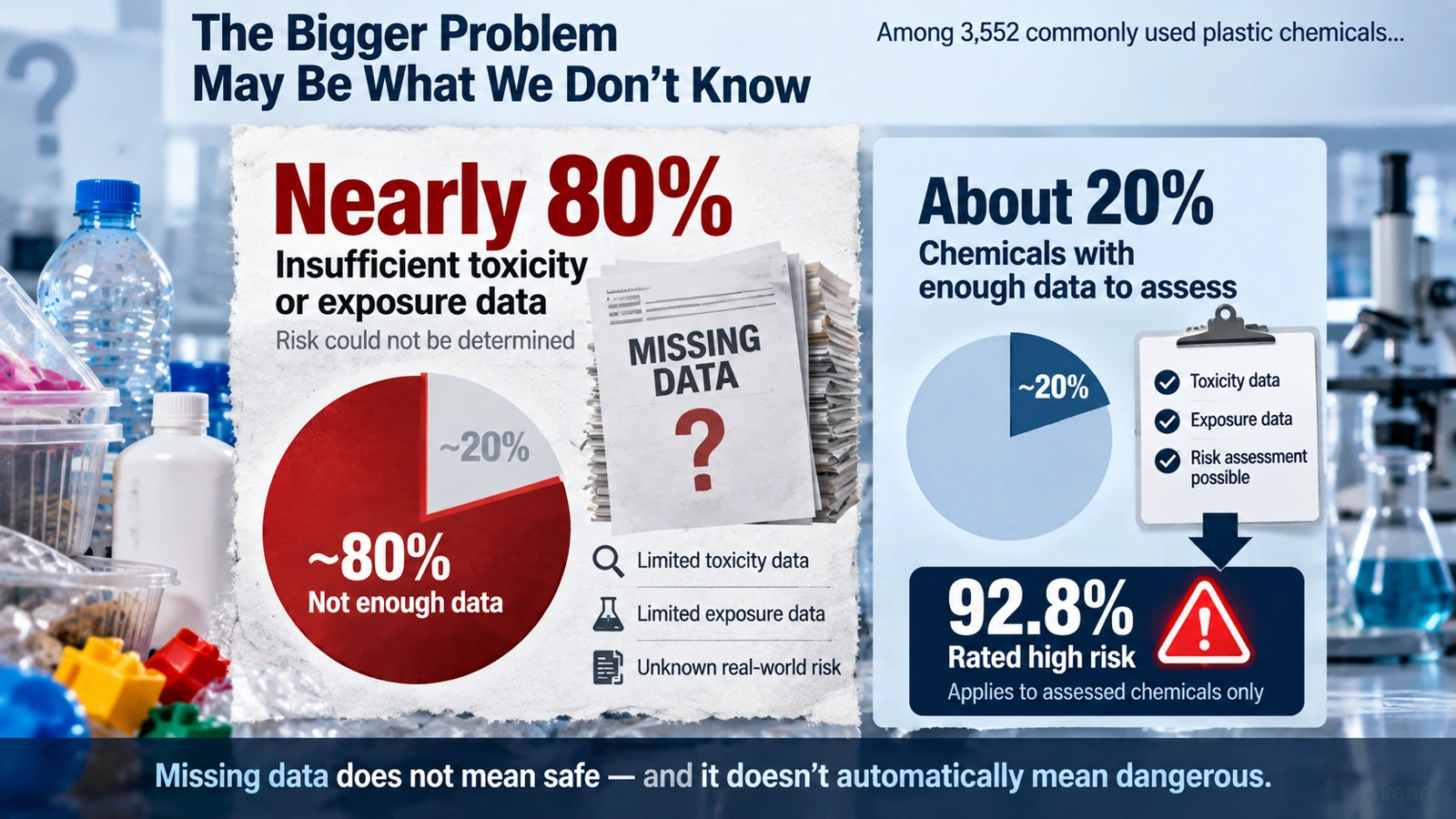 Infographic comparing the small share of plastic chemicals with enough toxicity and exposure data against the much larger share with insufficient data