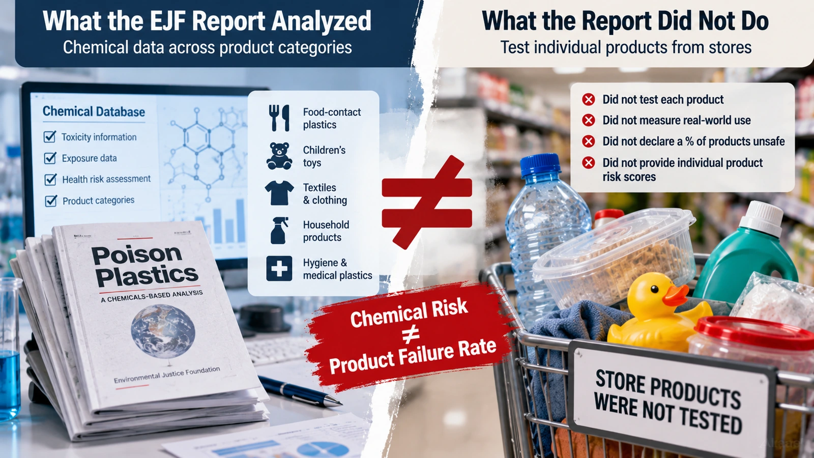 Comparison graphic distinguishing a chemical risk assessment from laboratory testing of individual plastic products