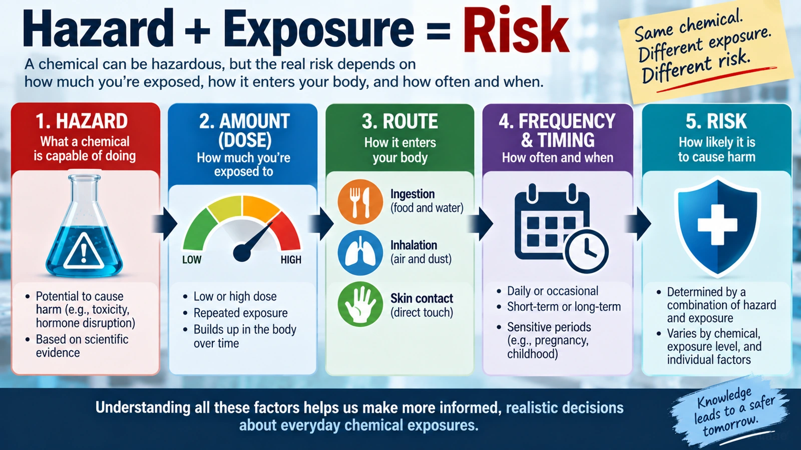 Flow diagram showing how chemical hazard, exposure amount, exposure route, and timing combine to determine health risk