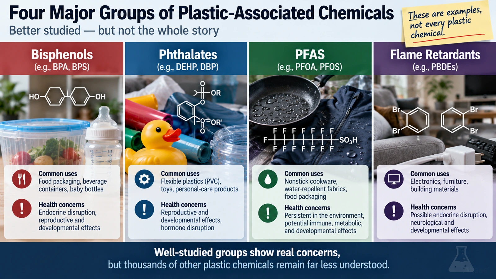 Infographic showing four well-studied groups of plastic-associated chemicals including bisphenols, phthalates, PFAS, and flame retardants with common exposure pathways