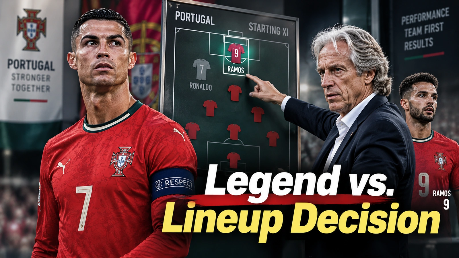 Editorial diagram comparing Cristiano Ronaldo's star status with Jorge Jesus's performance-based selection approach