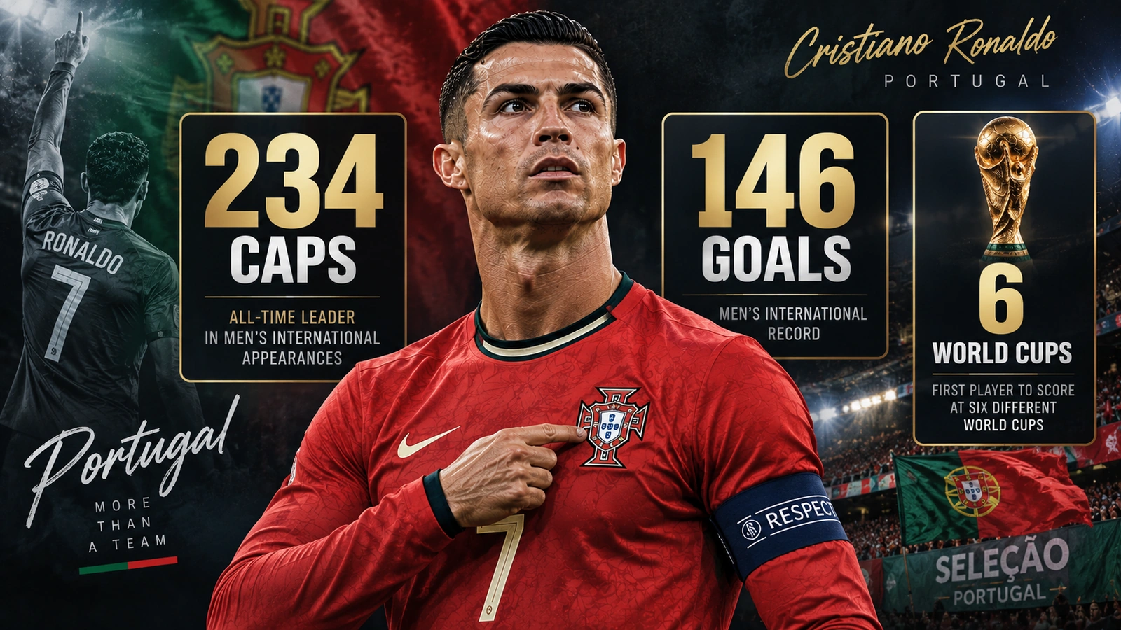 Cristiano Ronaldo Portugal career infographic showing 234 senior caps and 146 international goals