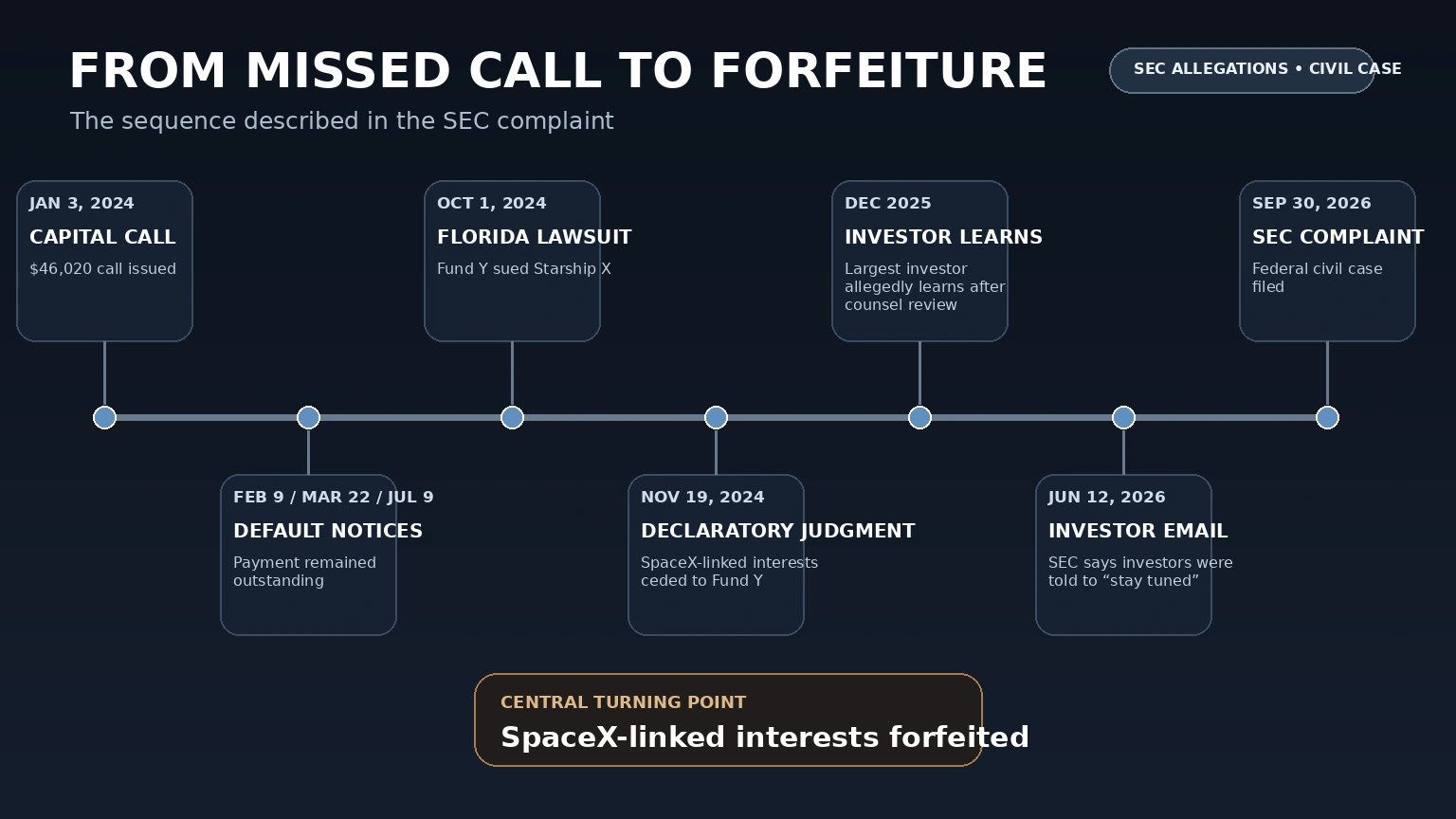Timeline from the January 2024 capital call through default notices, Florida litigation, forfeiture, and the 2026 SEC complaint