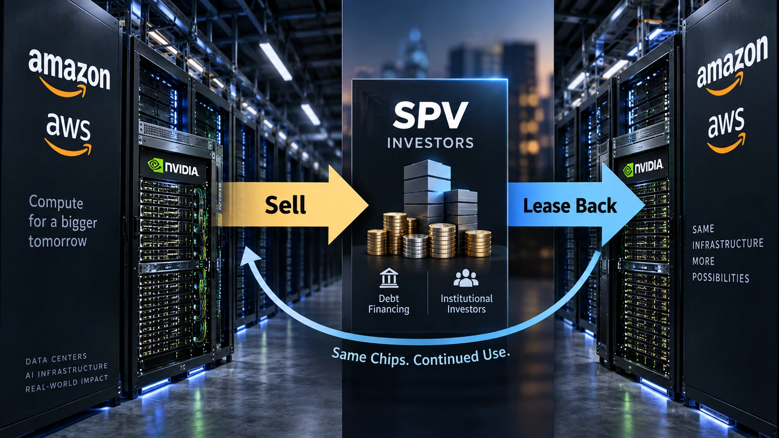 Flowchart showing Amazon transferring Nvidia AI chips to an SPV and leasing the same hardware back