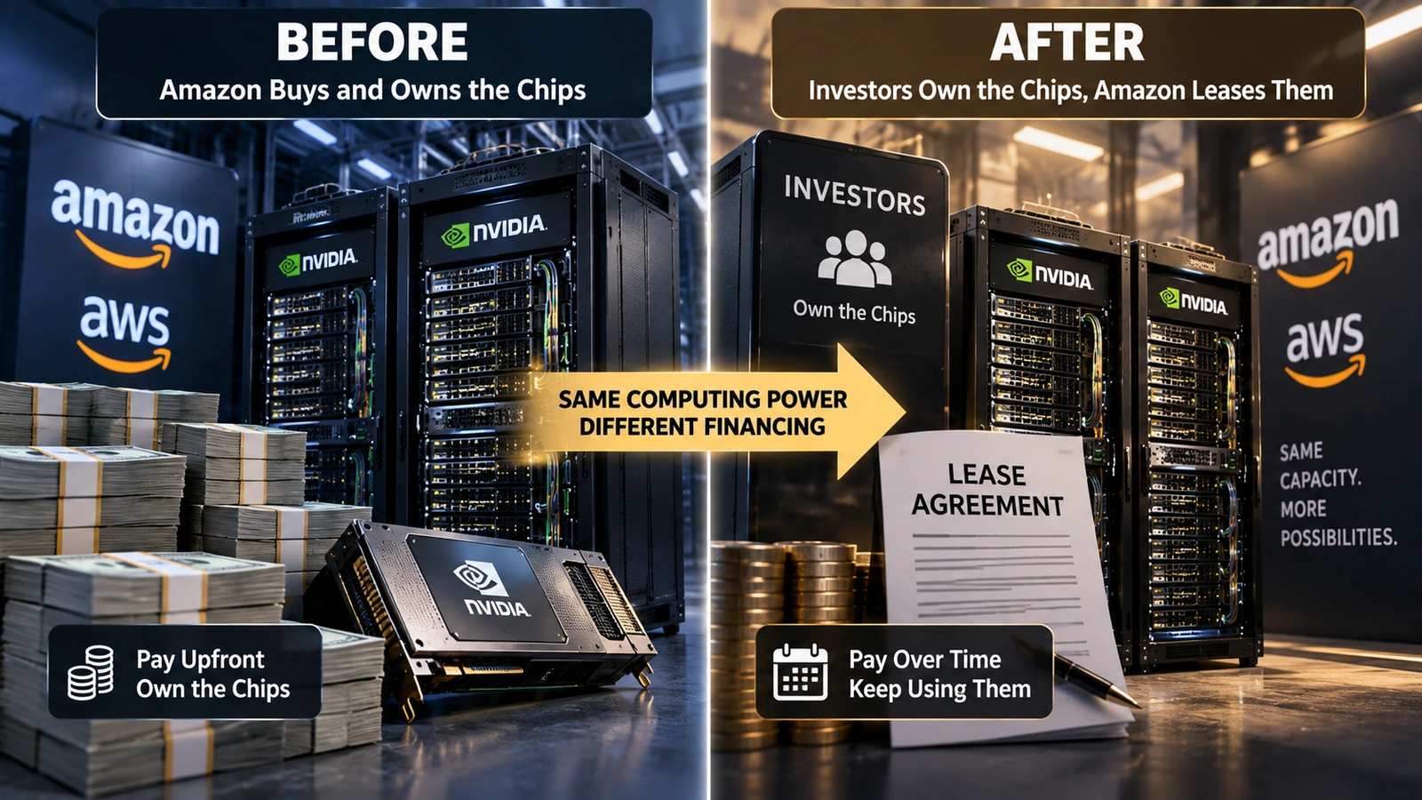 Before-and-after diagram showing Amazon owning AI chips versus leasing them while retaining their computing capacity