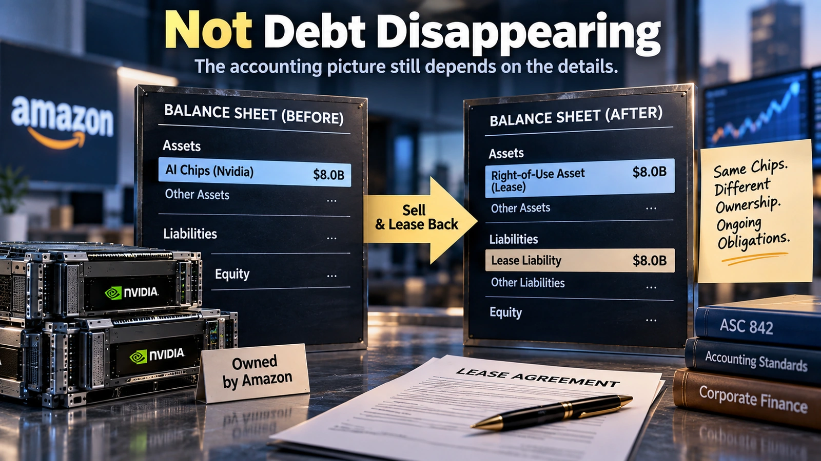Accounting infographic showing that selling an asset and leasing it back can still create lease obligations on a company balance sheet