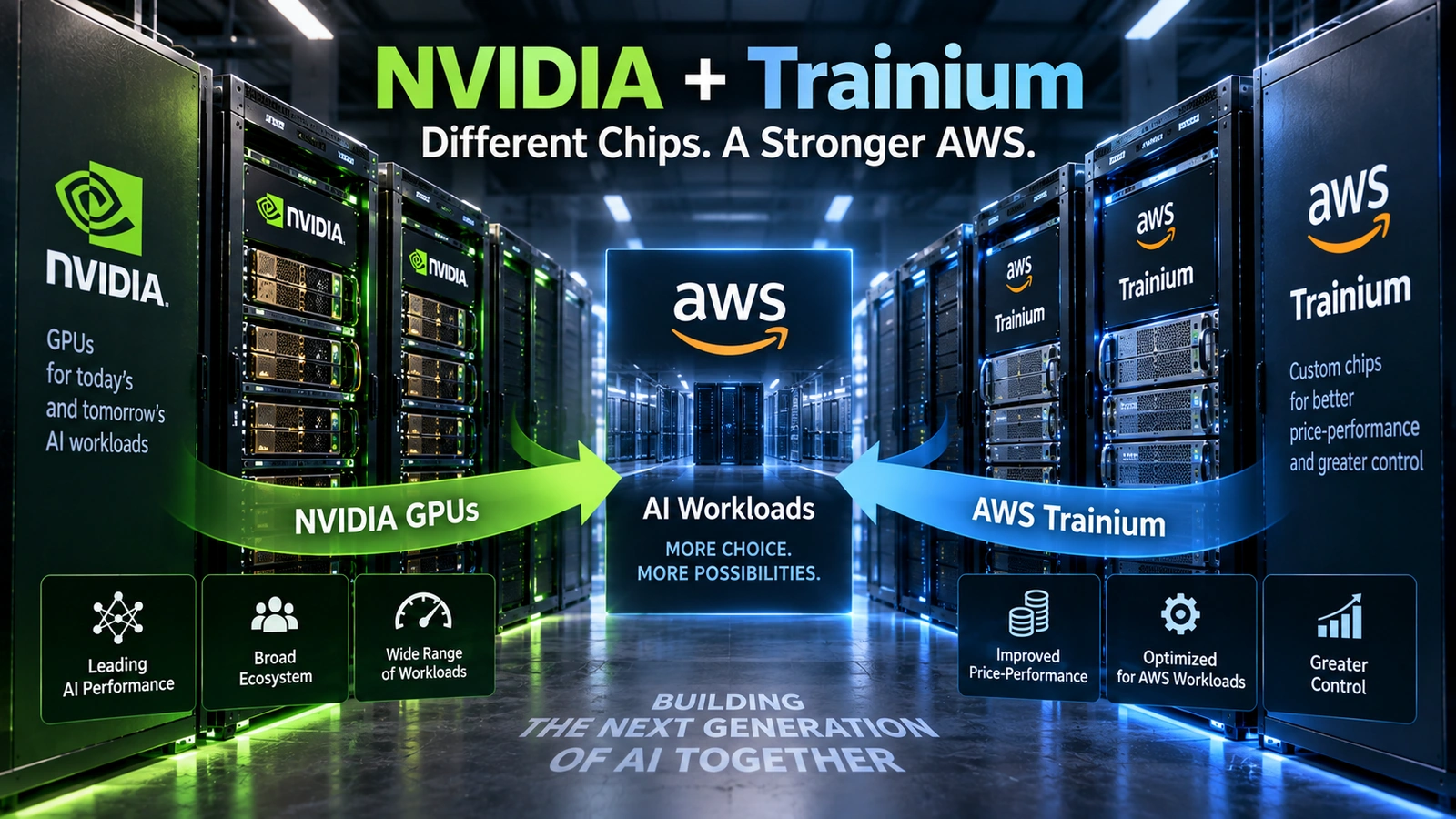 Diagram showing AWS using both Nvidia GPUs and Amazon Trainium chips for different AI computing needs