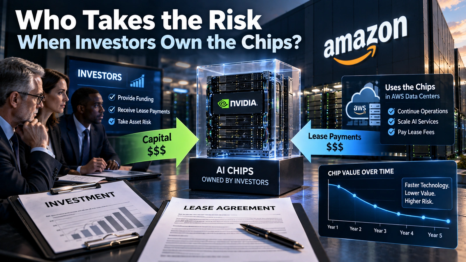 Infographic showing Amazon lease payments, investor funding and the residual value risk of rapidly changing AI chips
