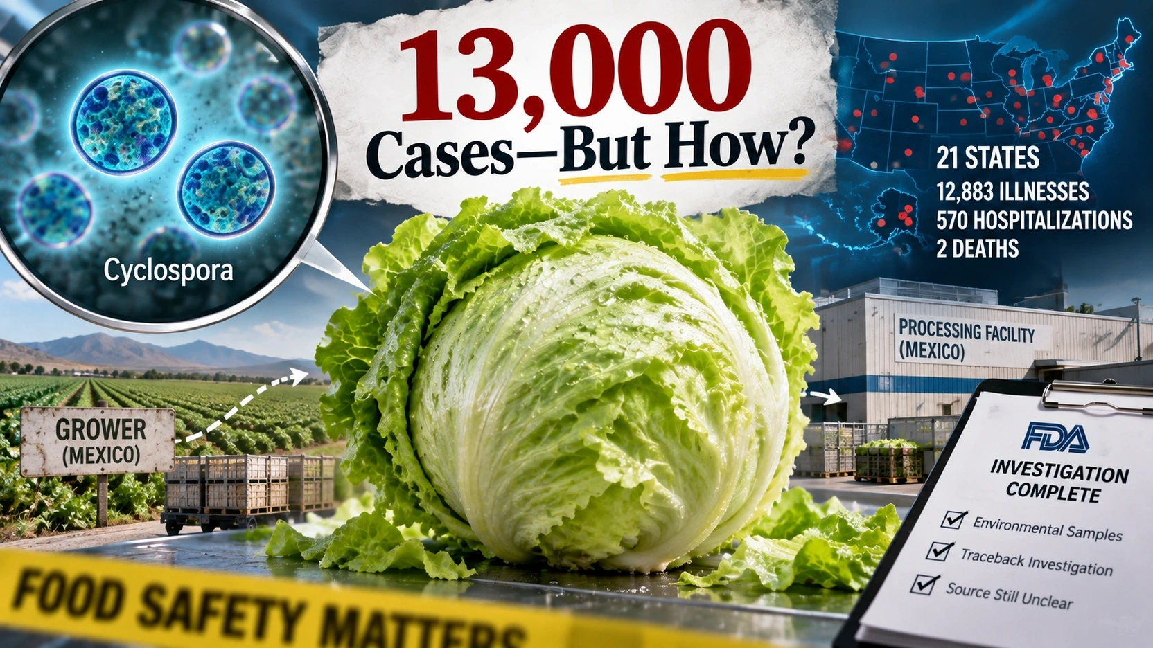 Editorial illustration of iceberg lettuce, Cyclospora under a microscope, and a U.S. outbreak map representing nearly 13,000 illnesses