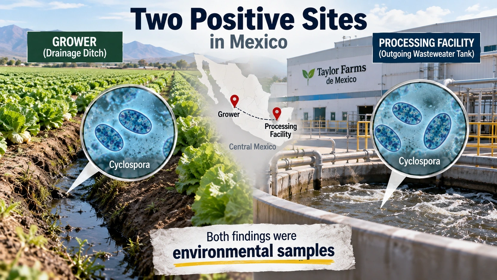 Flow diagram showing possible points between a lettuce farm and processing facility where investigators look for Cyclospora contamination