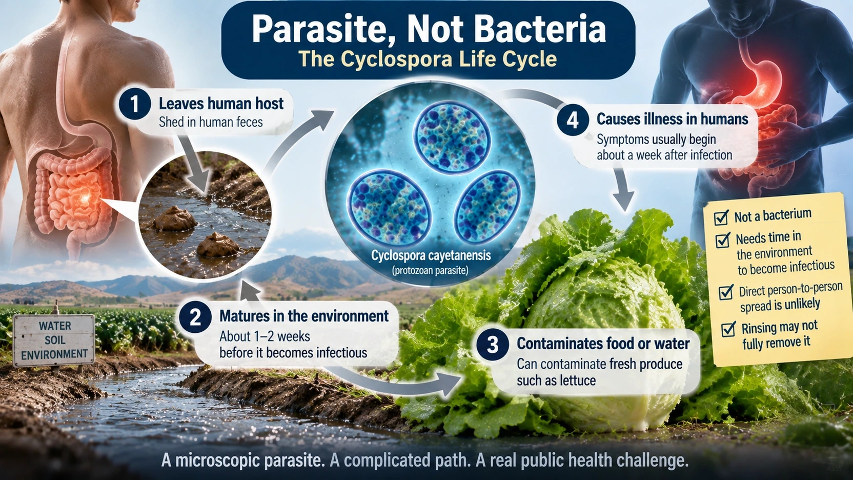 Lifecycle diagram showing how Cyclospora leaves a human host, matures in the environment and can contaminate food or water
