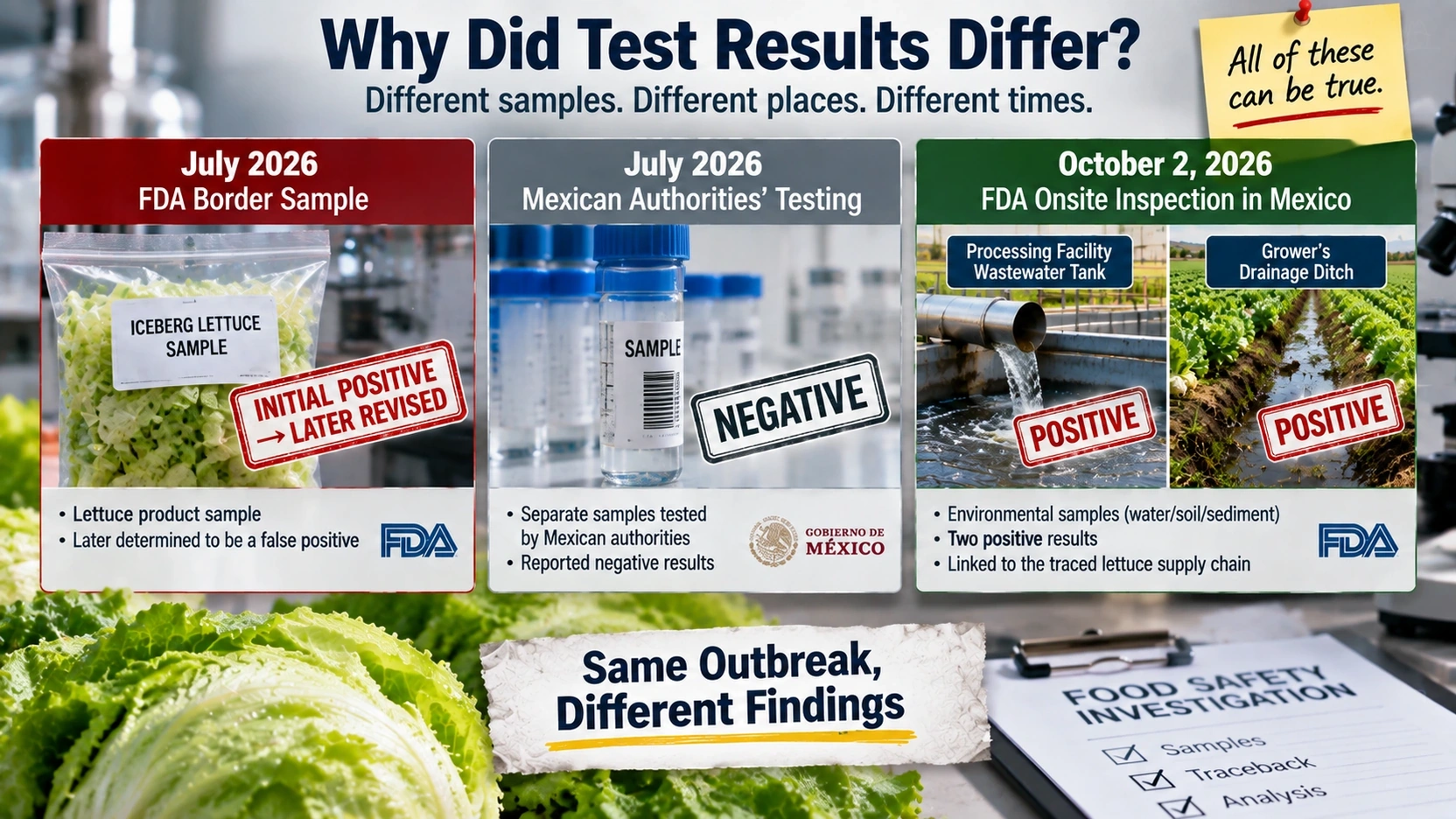 Comparison of different Cyclospora test results from July and October 2026 showing why the findings are not equivalent