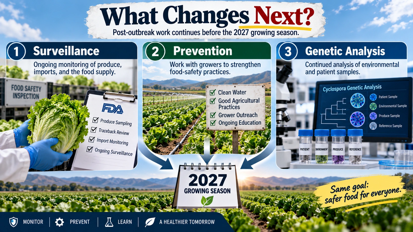 Infographic showing FDA post-outbreak work on Cyclospora surveillance, farm prevention and genetic analysis before the 2027 growing season