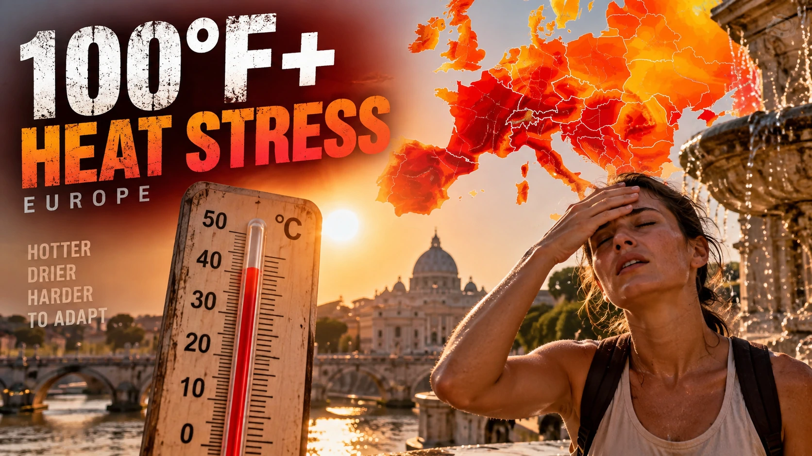 Editorial illustration showing Europe’s record summer heat stress alongside unusually low river levels in 2026