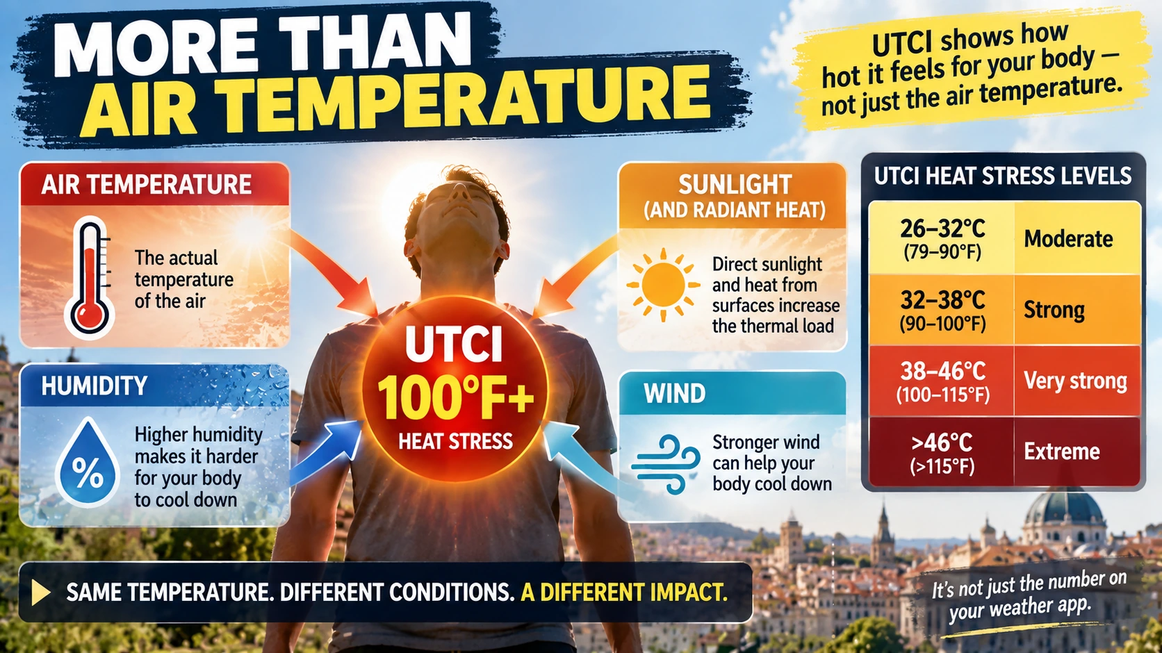 Infographic showing how air temperature, humidity, wind, and solar radiation combine to determine UTCI heat stress