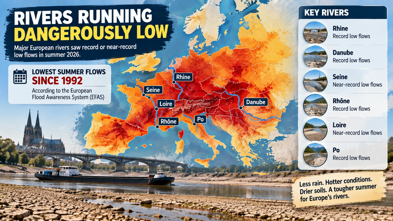 Map showing record or near-record low summer flows on major European rivers including the Rhine, Danube, Seine, Rhône, Loire, and Po