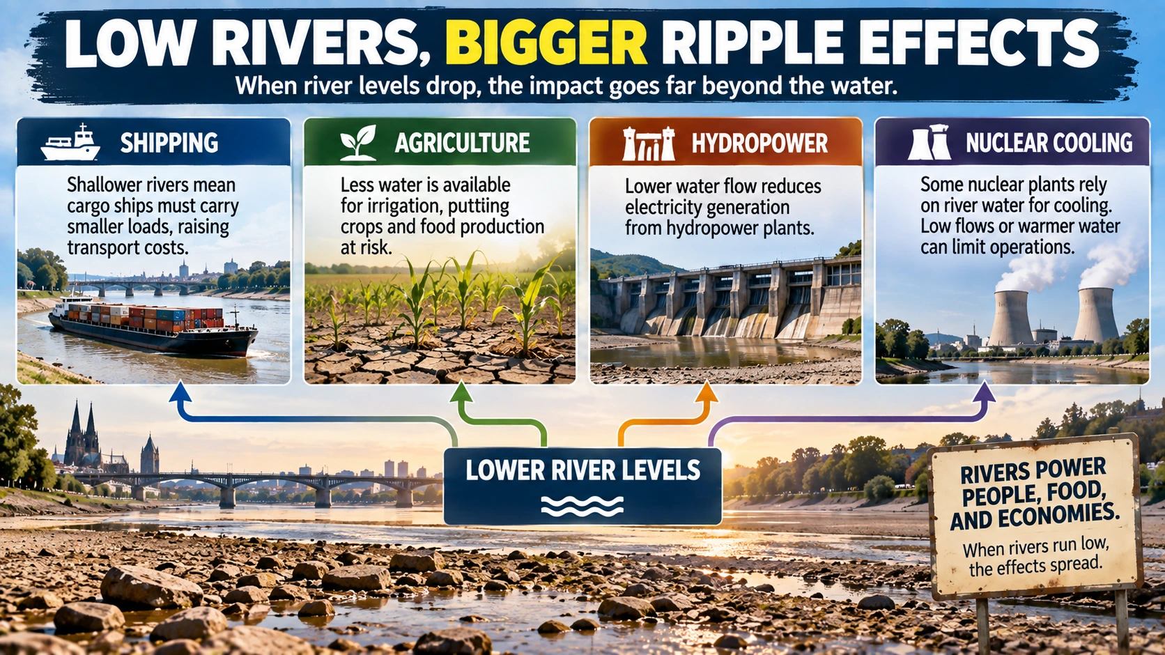 Flowchart showing how low European river levels can affect cargo shipping, irrigation, hydropower, and nuclear plant cooling