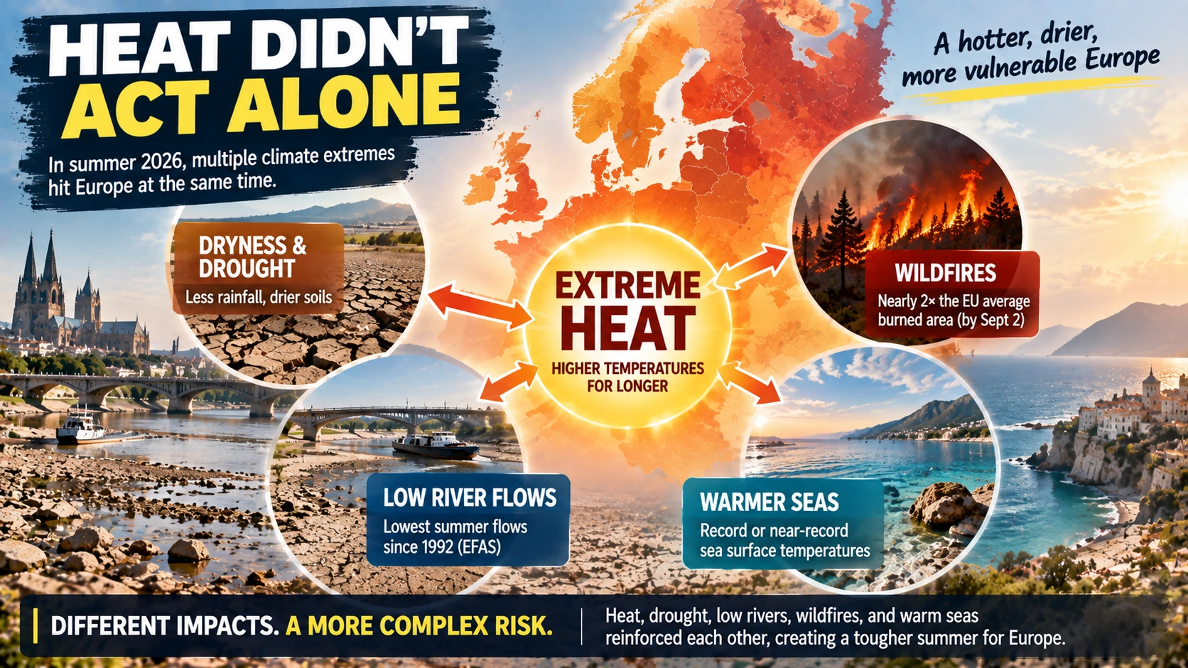 Network infographic linking prolonged heat with dry soils, wildfire risk, low river flows, and unusually warm European seas