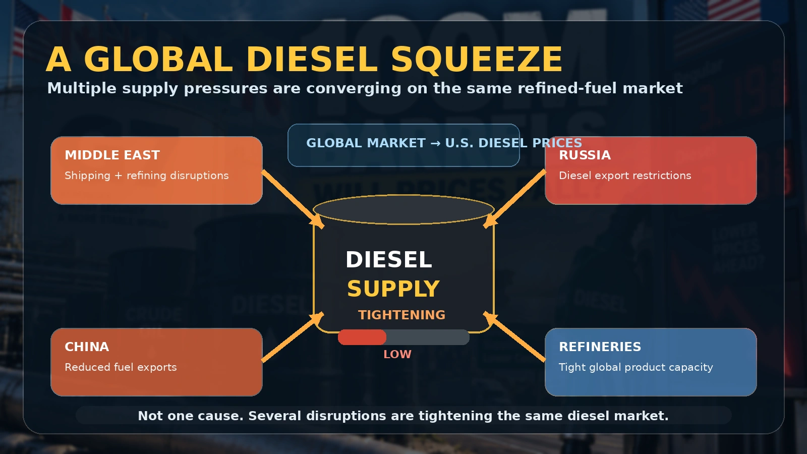 Infographic showing multiple supply pressures tightening the global diesel market in 2026