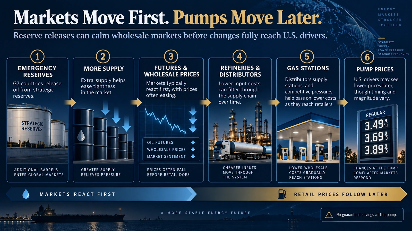 Flowchart showing how an emergency oil release can move from global markets to wholesale fuel prices and eventually U.S. pump prices