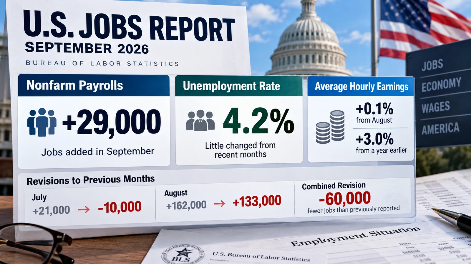 Infographic showing 29,000 new U.S. payroll jobs, 4.2 percent unemployment, and downward revisions to July and August employment