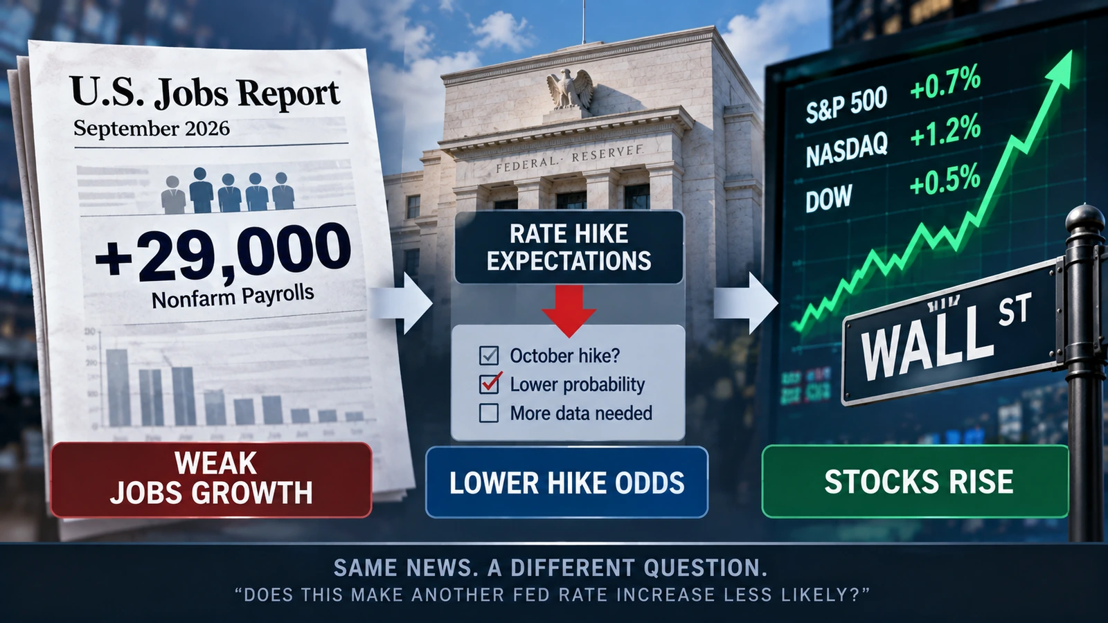 Flow diagram showing weak job growth reducing expectations for a Federal Reserve rate hike and supporting stocks