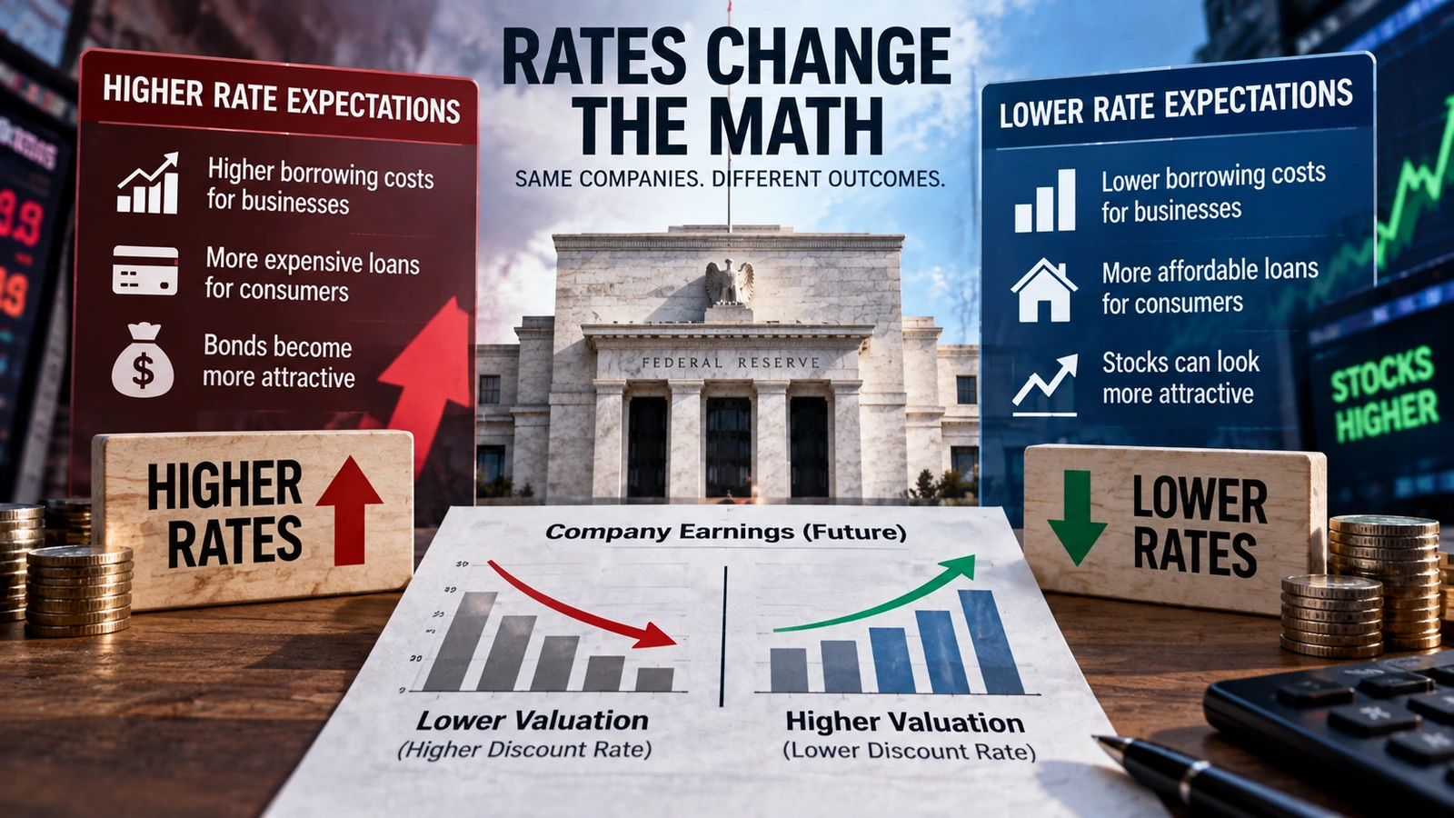 Illustration showing how higher and lower interest-rate expectations can affect stock valuations and company financing costs
