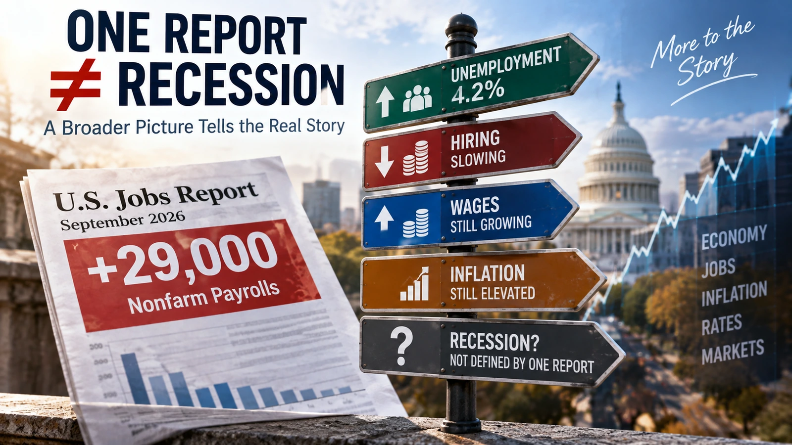 Infographic explaining why one weak monthly jobs report does not by itself establish a U.S. recession