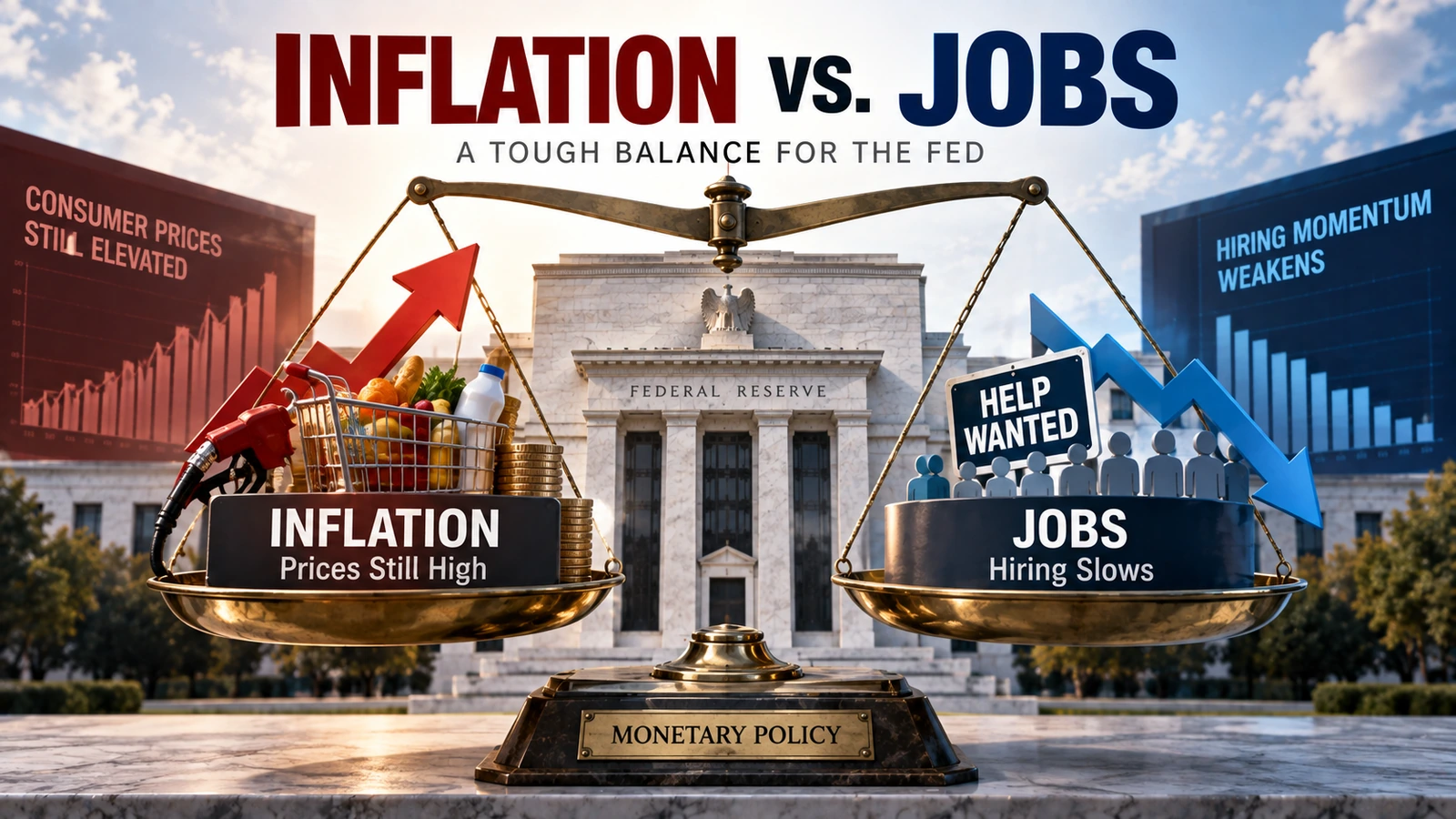 Balance-scale illustration showing the Federal Reserve weighing elevated inflation against a weakening labor market