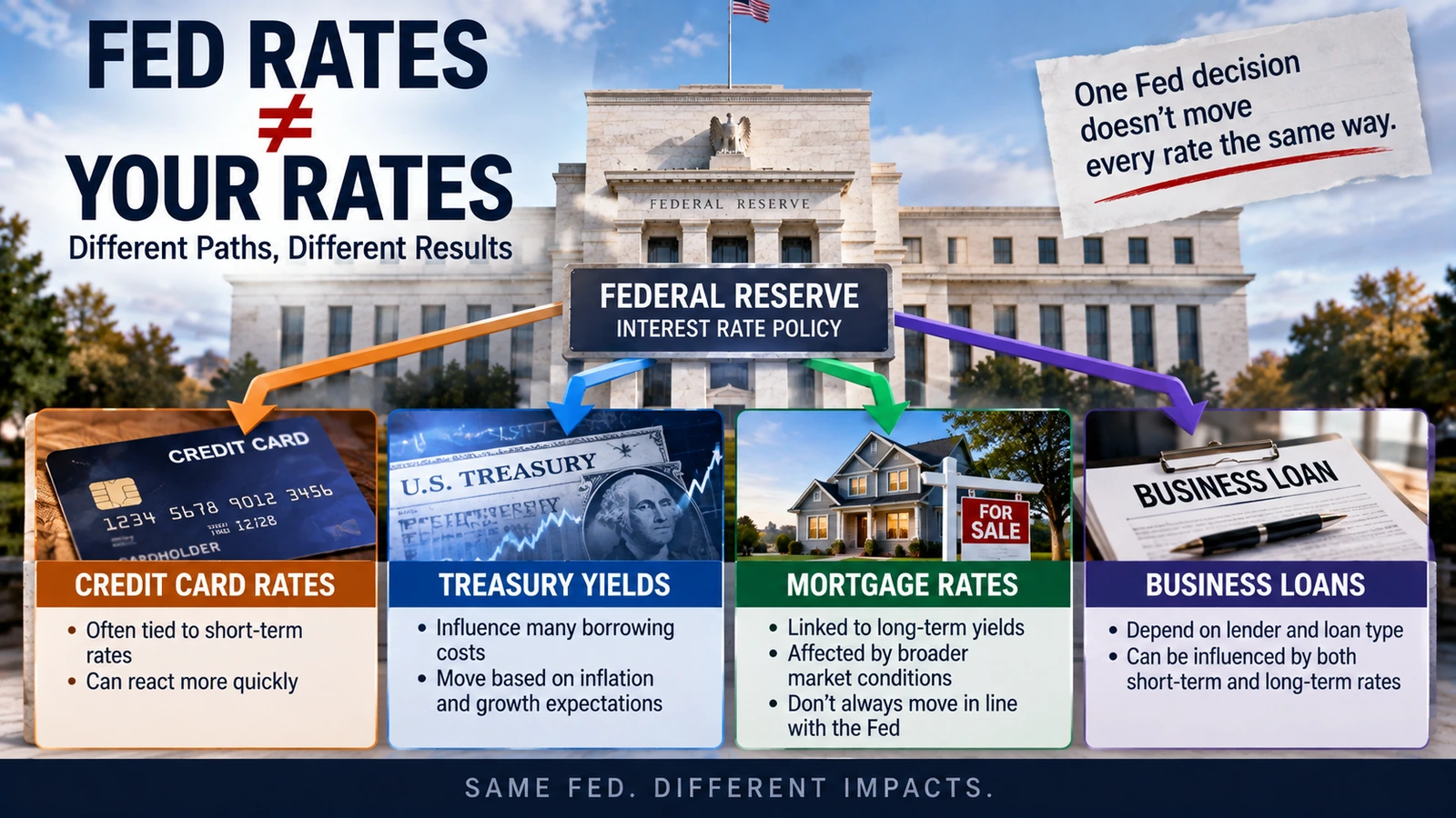 Diagram showing the different paths from Federal Reserve policy expectations to credit cards, Treasury yields, and mortgage rates