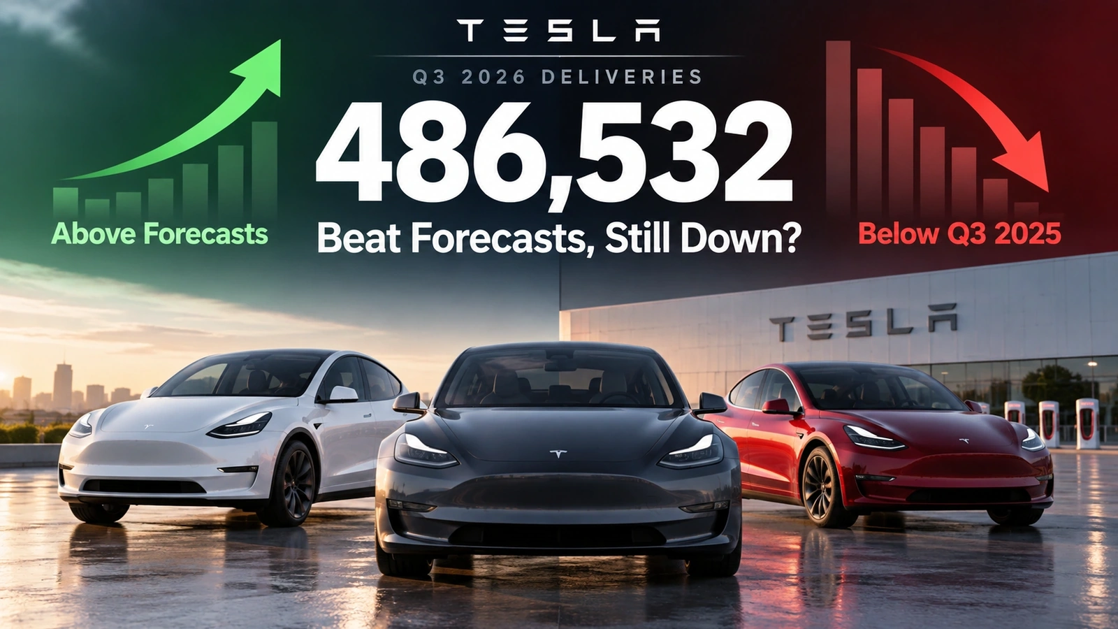 Editorial graphic showing Tesla’s 486,532 third-quarter deliveries above analyst forecasts but below the 2025 total