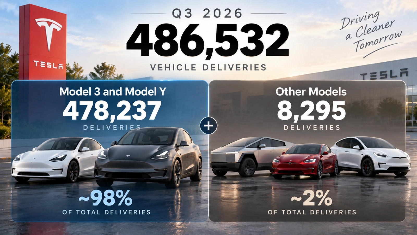 Infographic breaking down Tesla’s 486,532 third-quarter 2026 vehicle deliveries into Model 3 and Model Y versus other models