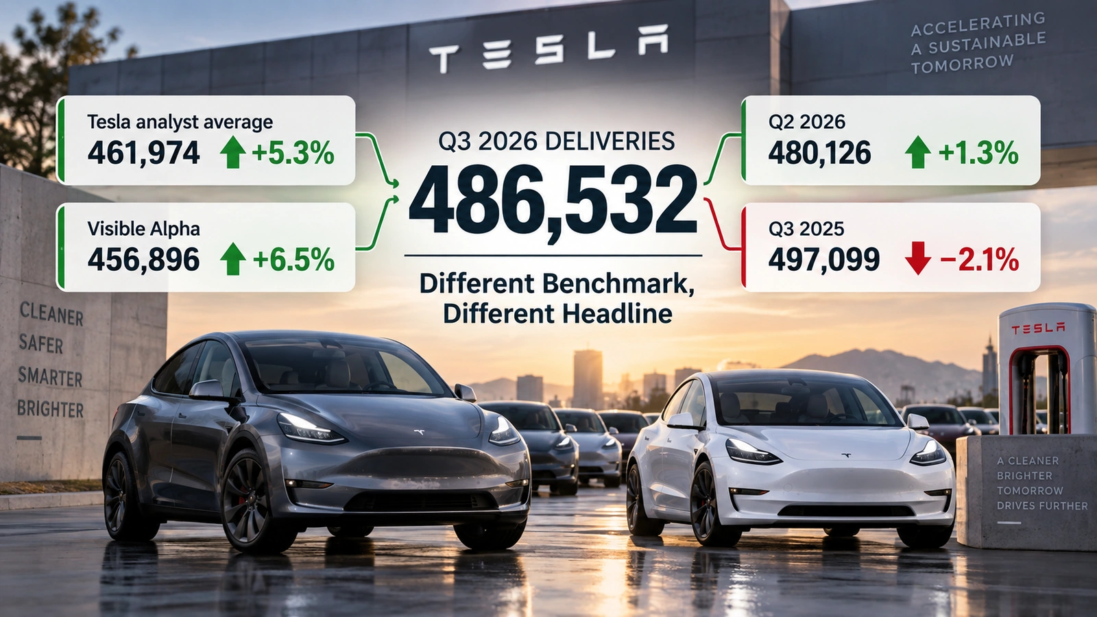 Comparison diagram showing Tesla’s 486,532 deliveries above analyst forecasts but below third-quarter 2025 deliveries