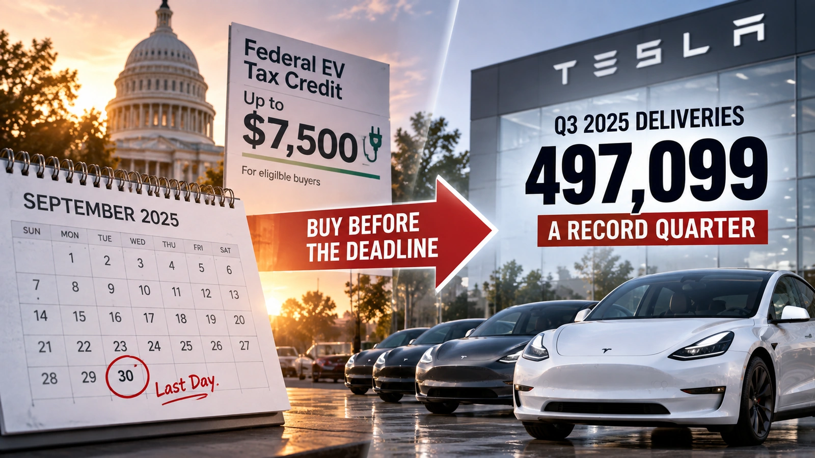 Timeline showing the September 30, 2025 federal clean-vehicle tax credit deadline and Tesla’s record third-quarter deliveries