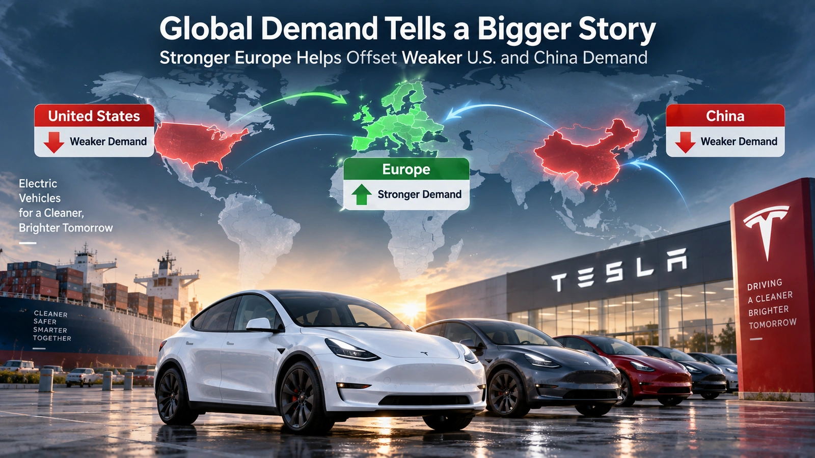 World map infographic showing stronger Tesla demand in Europe offsetting weaker demand in the United States and China