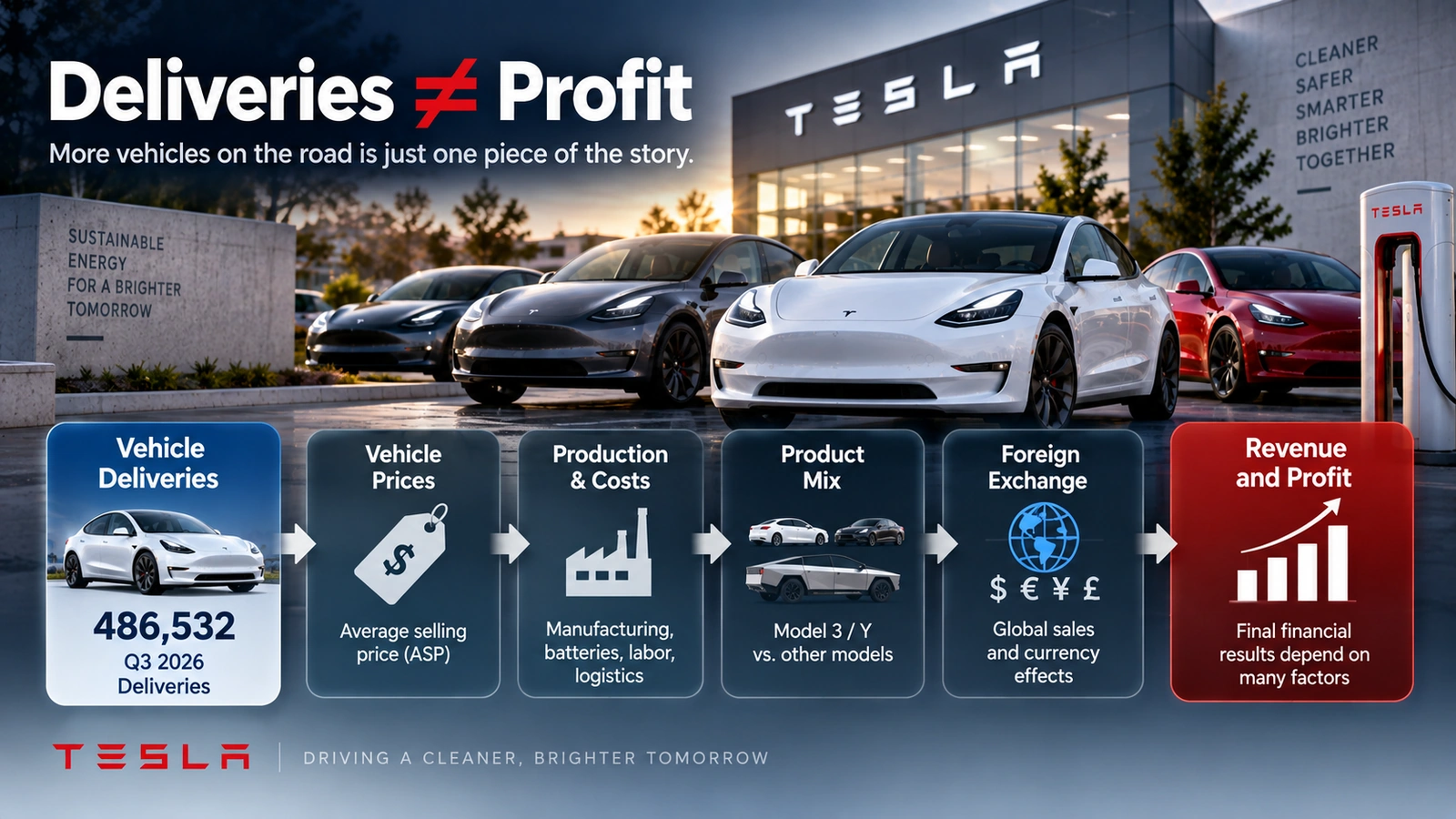 Flow diagram showing why Tesla vehicle deliveries do not automatically determine revenue, profit or cash flow